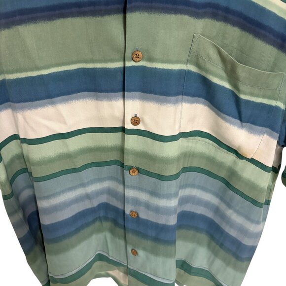 Tommy Bahama 100% Silk Button Up Men’s Shirt Size Large Short Sleeve Stripped - Picture 4 of 6